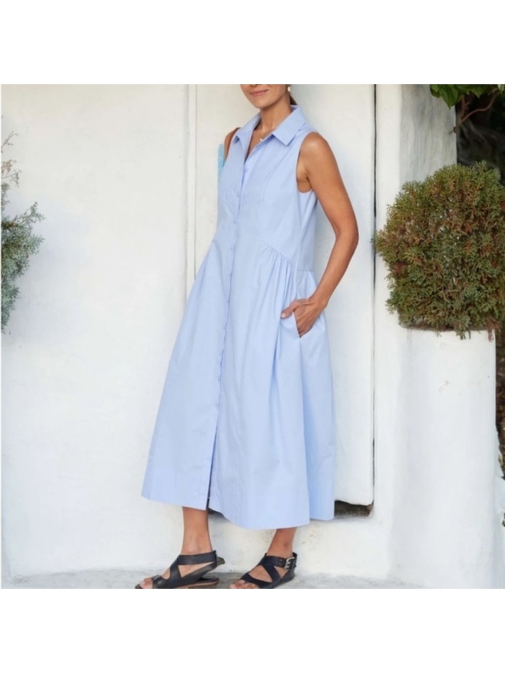 Maye Corinne Sleeveless Button-Front Light Blue Shirt Dress